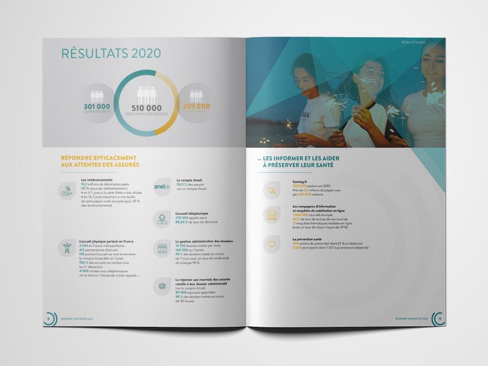 Vue aérienne d'un magazine ouvert présentant les statistiques des résultats de 2020, avec des personnes souriantes tenant des cierges magiques, reflète un design qui capture des moments de joie et de succès. Limbus Studio