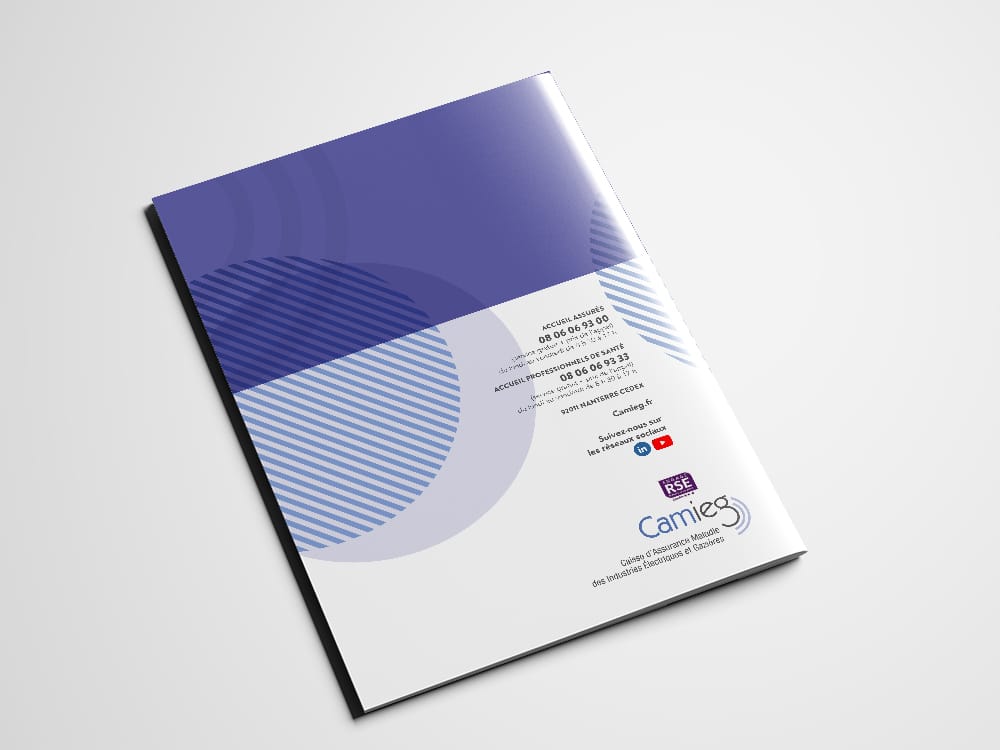 Couverture de brochure au design géométrique épuré bleu et gris, mettant en valeur notre expertise dans WordPress. Comprend du texte, des coordonnées et des icônes de réseaux sociaux en bas, mettant en valeur l'approche innovante de notre agence en matière de conception. Limbus Studio