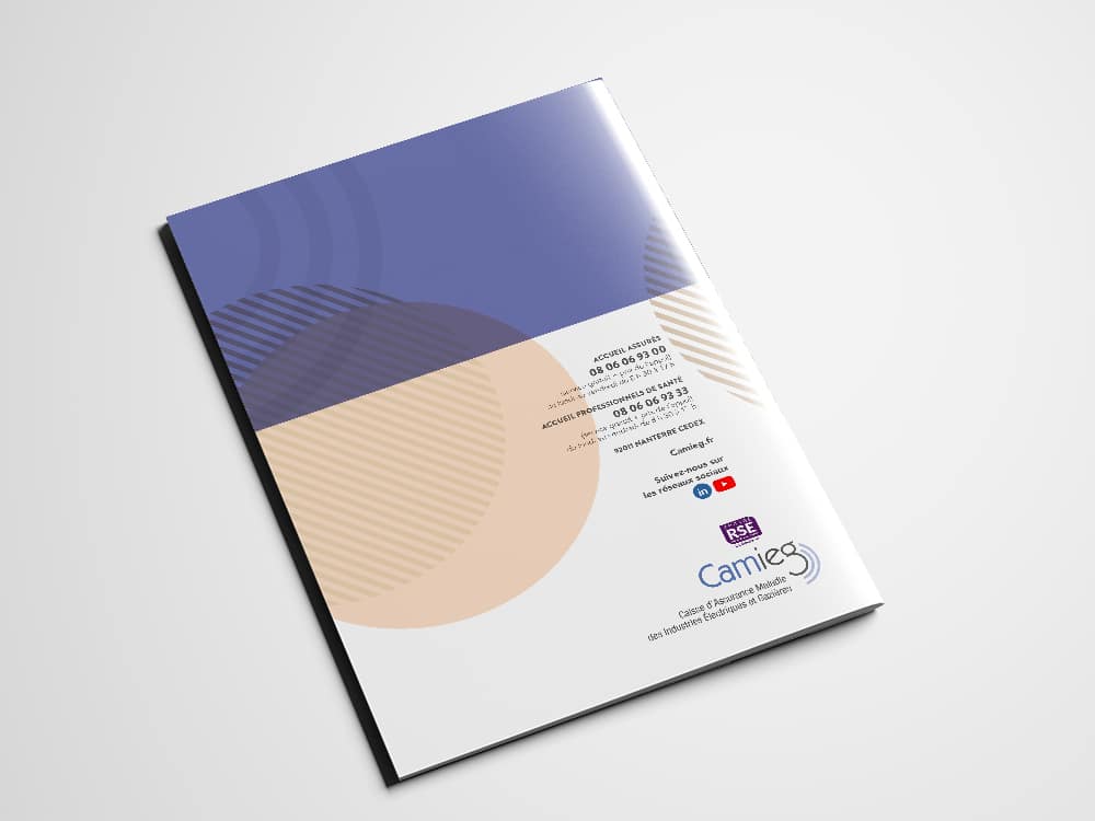 Brochure moderne conçue par un studio de design de premier plan, avec des formes abstraites en bleu et beige. Le texte détaille un événement sponsorisé par Camies et d'autres logos importants. Limbus Studio