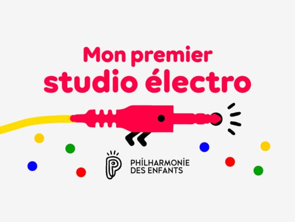Graphisme coloré avec le texte « Mon premier studio électro », mettant en vedette un câble, des notes de musique et un clin d'œil à l'ambiance d'un studio créatif. Limbus Studio