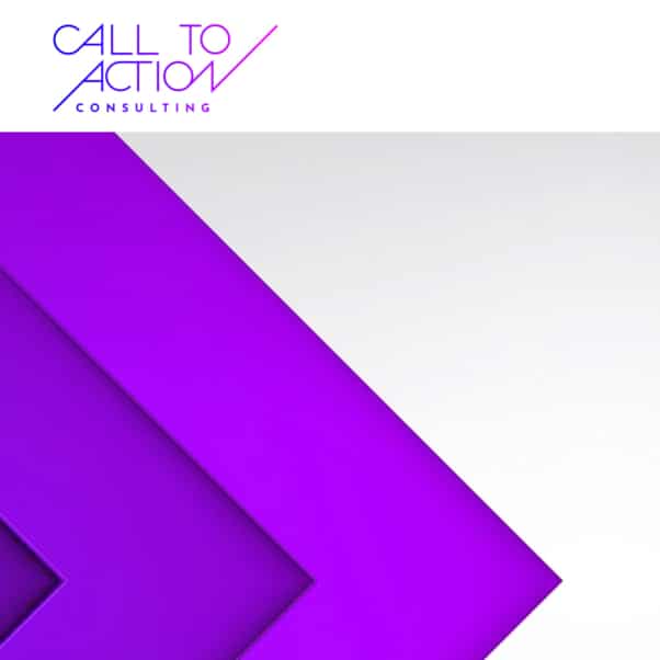 Design géométrique violet avec le logo « Call to Action Consulting » dans le coin supérieur gauche, mettant en valeur la créativité de notre studio. Limbus Studio