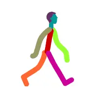 Une figure abstraite colorée d'une personne marchant, présentant des membres vibrants et multicolores sur un fond uni, met en valeur le design innovant de notre studio. Limbus Studio