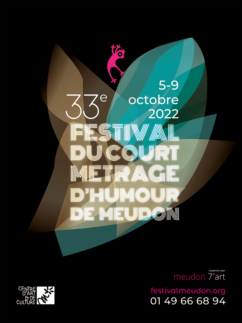 Affiche du 33e Festival du Film Court de Comédie de Meudon, réalisée avec brio à partir de feuilles abstraites, présentée par notre studio de création. Rendez-vous du 5 au 9 octobre 2022. Limbus Studio