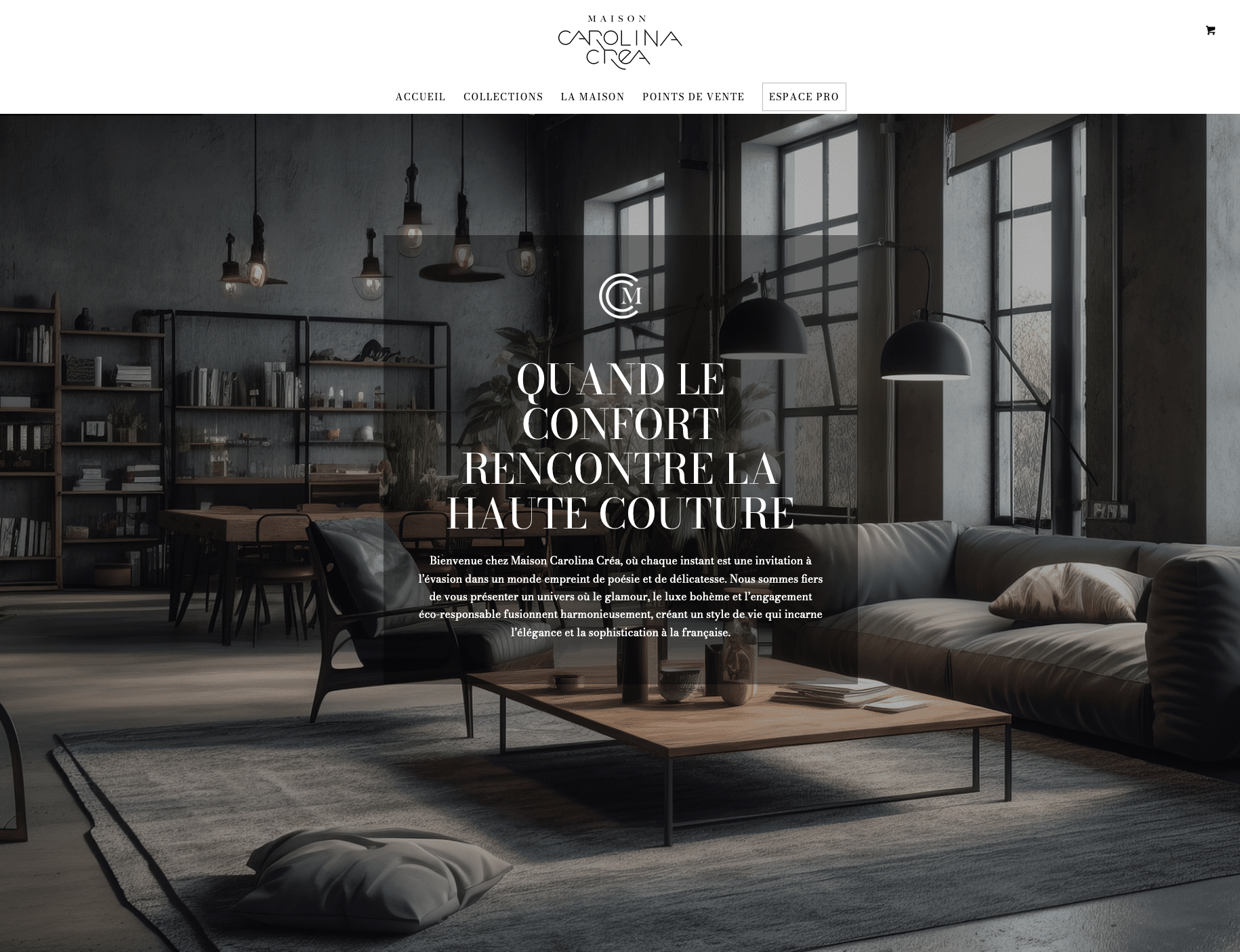 Salon moderne au design cosy et élégant. Texte superposé "Quand le confort rencontre la haute couture", réalisé par notre studio pour une touche d'élégance unique. Limbus Studio