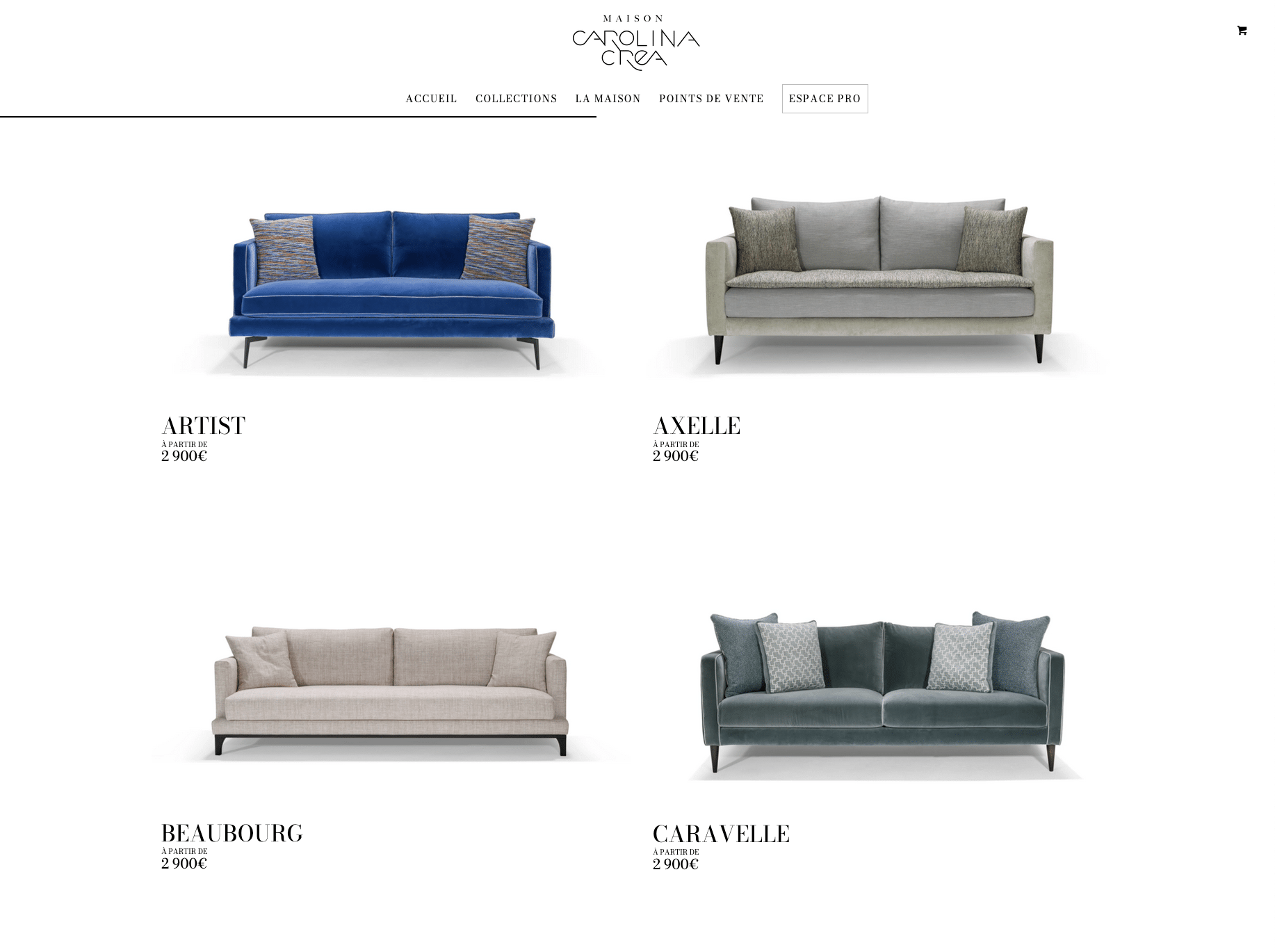 Une page Web présentant quatre canapés modernes différents nommés Artist, Axelle, Beaubourg et Caravelle de la collection maisoncarolinacrea, avec des prix en euros. Découvrez ces créations exquises de Caroline, parfaites pour rehausser votre décoration d'intérieur.