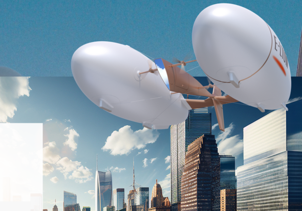 Un dirigeable futuriste conçu par un studio de pointe plane au-dessus d'un horizon urbain moderne, où des gratte-ciel élégants percent le ciel bleu clair. Limbus Studio