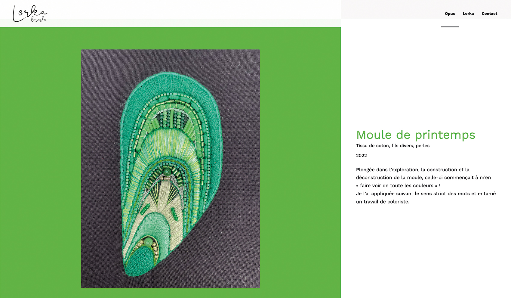 Découvrez l'exquise œuvre d'art abstraite brodée de feuilles vertes de lorkabrode.com sur un fond gris foncé, avec un texte délicat sur le côté droit. Limbus Studio