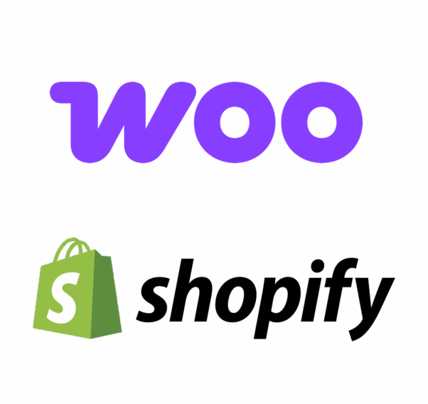 Logos pour WooCommerce ("woo" en violet) et Shopify (sac vert avec "S" et texte "shopify" en noir) sur fond blanc, idéal pour illustrer un rapport d'activité axé sur les plateformes de commerce électronique. Limbus Studio