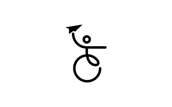 Dessin minimaliste d'une personne en fauteuil roulant tenant un avion en papier, symbolisant l'accessibilité, sur fond blanc. Limbus Studio