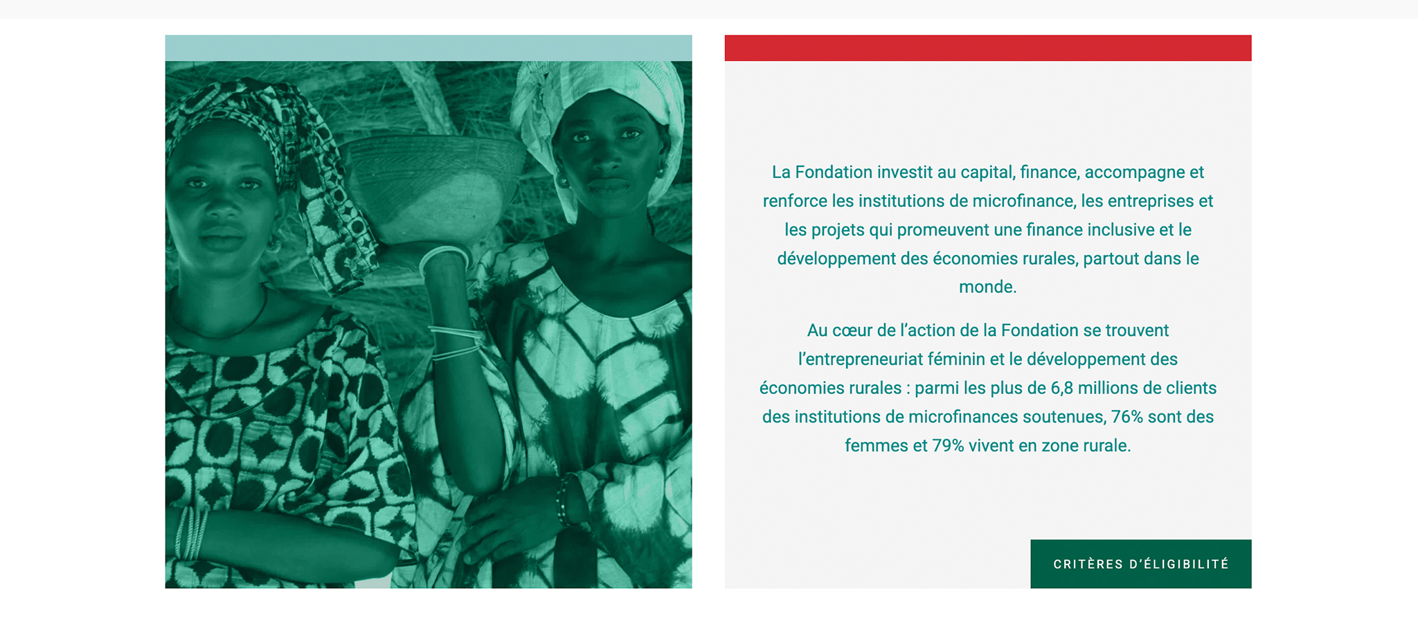 Deux femmes portant des vêtements à motifs se tiennent côte à côte à côté d'un bloc de texte sur la microfinance et l'entrepreneuriat féminin, soulignant l'impact d'une organisation à but non lucratif telle que la Fondation GCA sur l'autonomisation des femmes entrepreneurs. Limbus Studio
