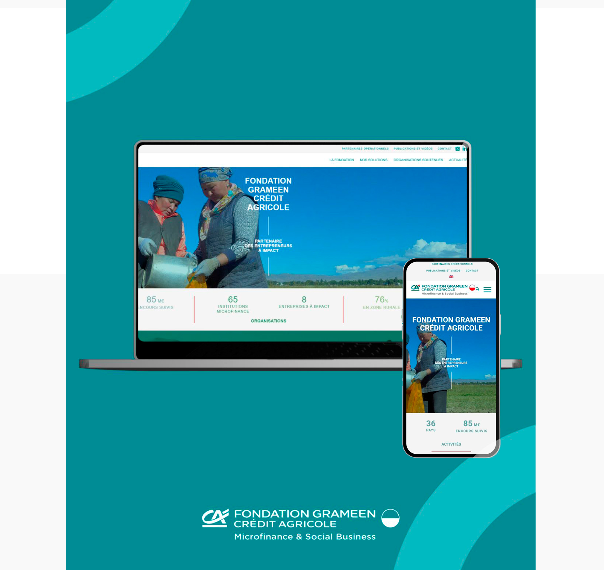 Un ordinateur portable et un smartphone affichent le site web de l'organisation à but non lucratif GCA Foundation sur un fond sarcelle. Limbus Studio