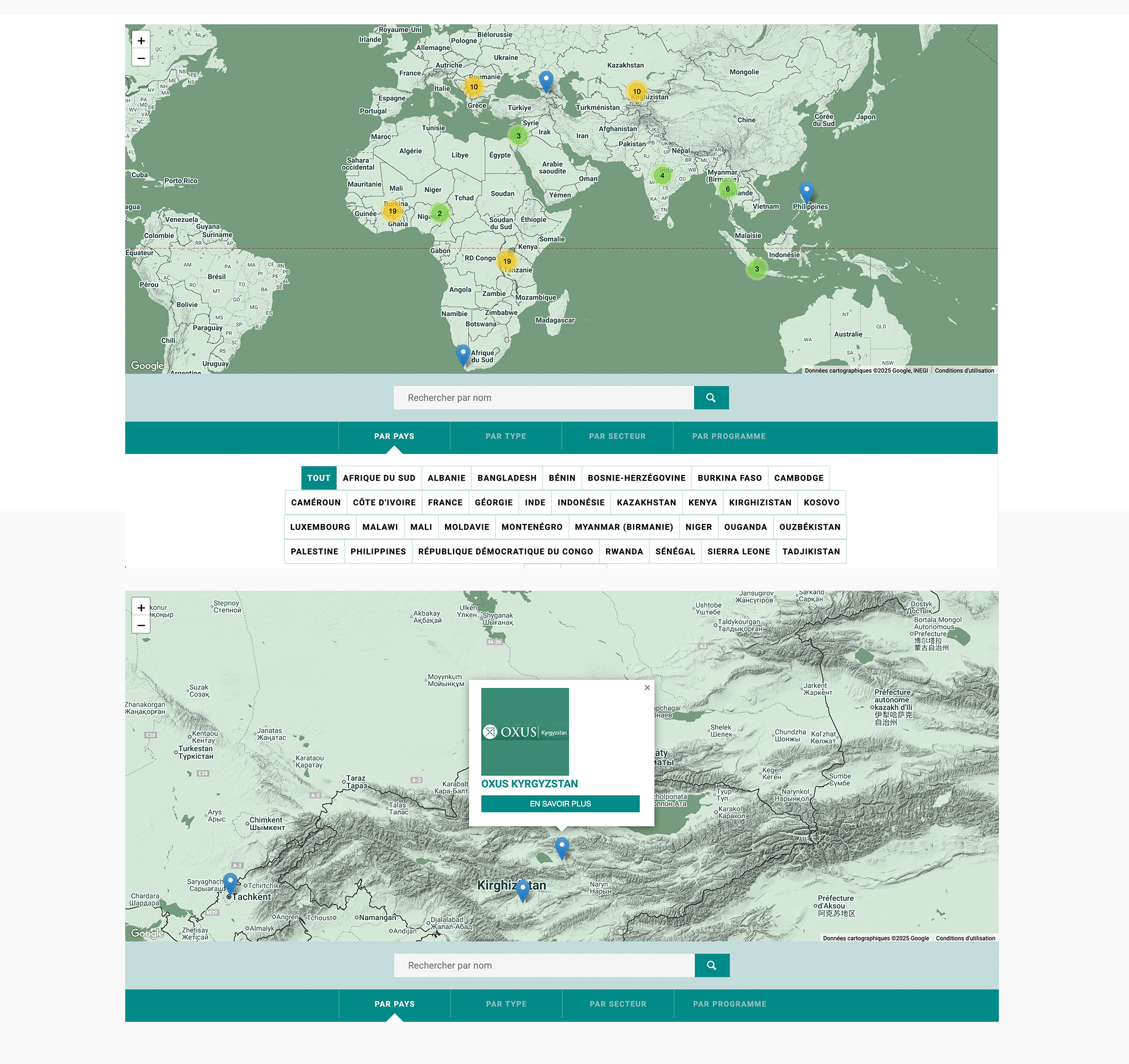 Une carte du monde avec des marqueurs et une vue zoomée du Kirghizistan mettant en évidence un lieu spécifique lié à la Fondation GCA. Limbus Studio