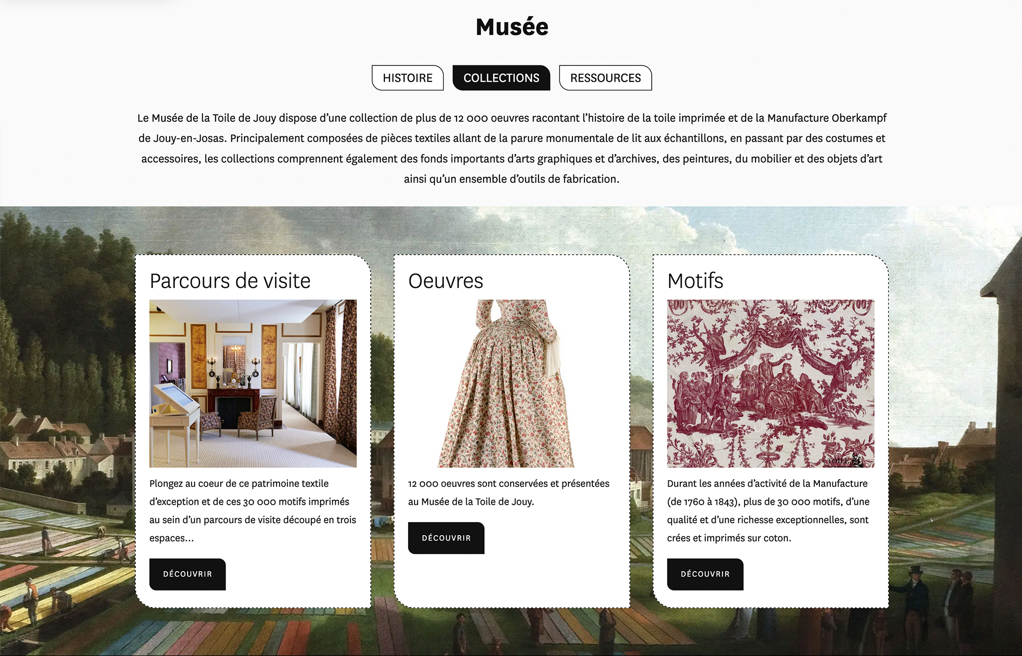 Page du site web du musée présentant l'histoire, les collections et les ressources, avec des images des objets exposés - y compris des motifs complexes de toile de jouy - et des descriptions détaillées. Limbus Studio