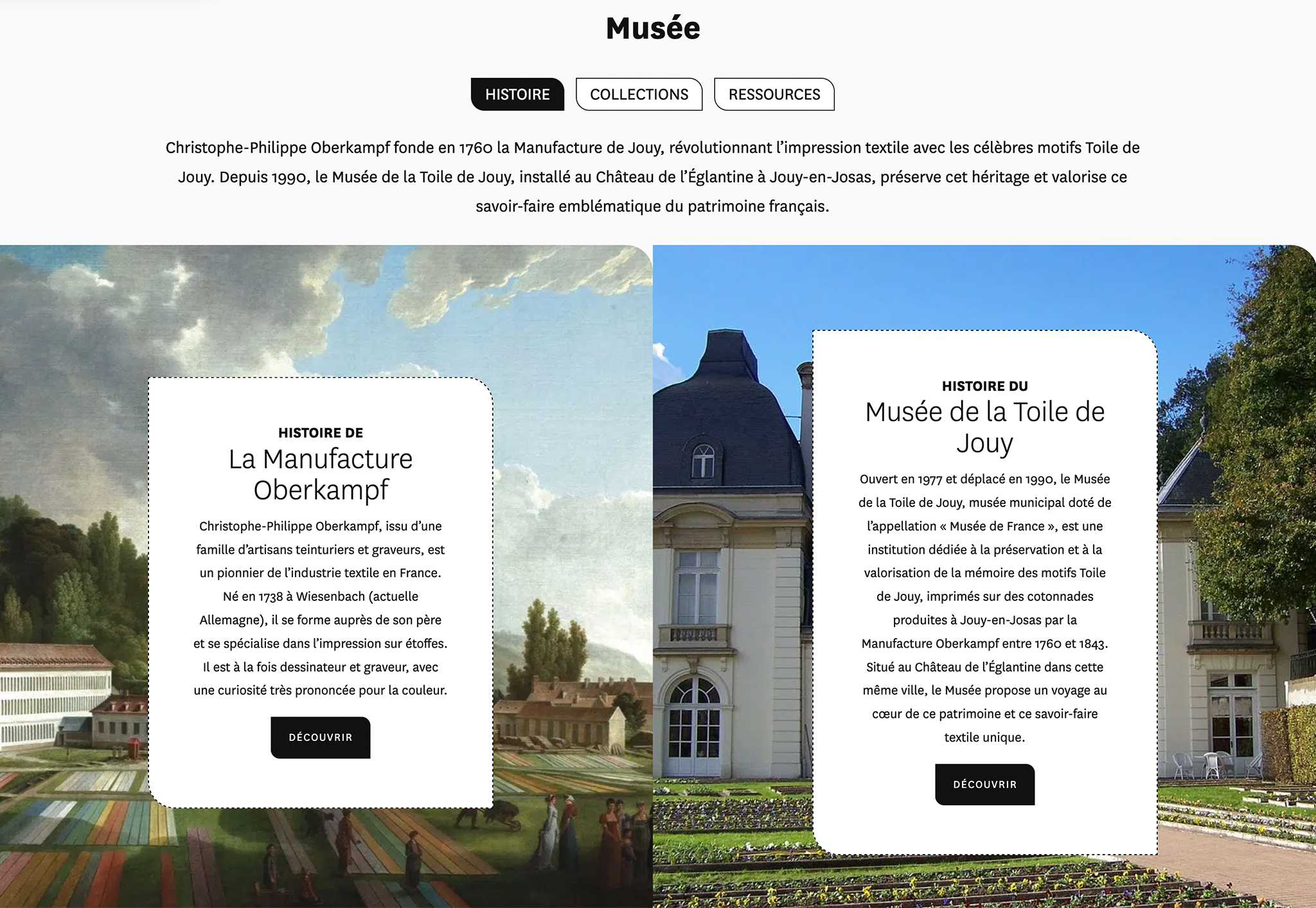 Écran partagé : à gauche, une peinture historique sur toile de Jouy ; à droite, une photo du château de l'Églantine avec des boîtes d'information sur le musée. Limbus Studio