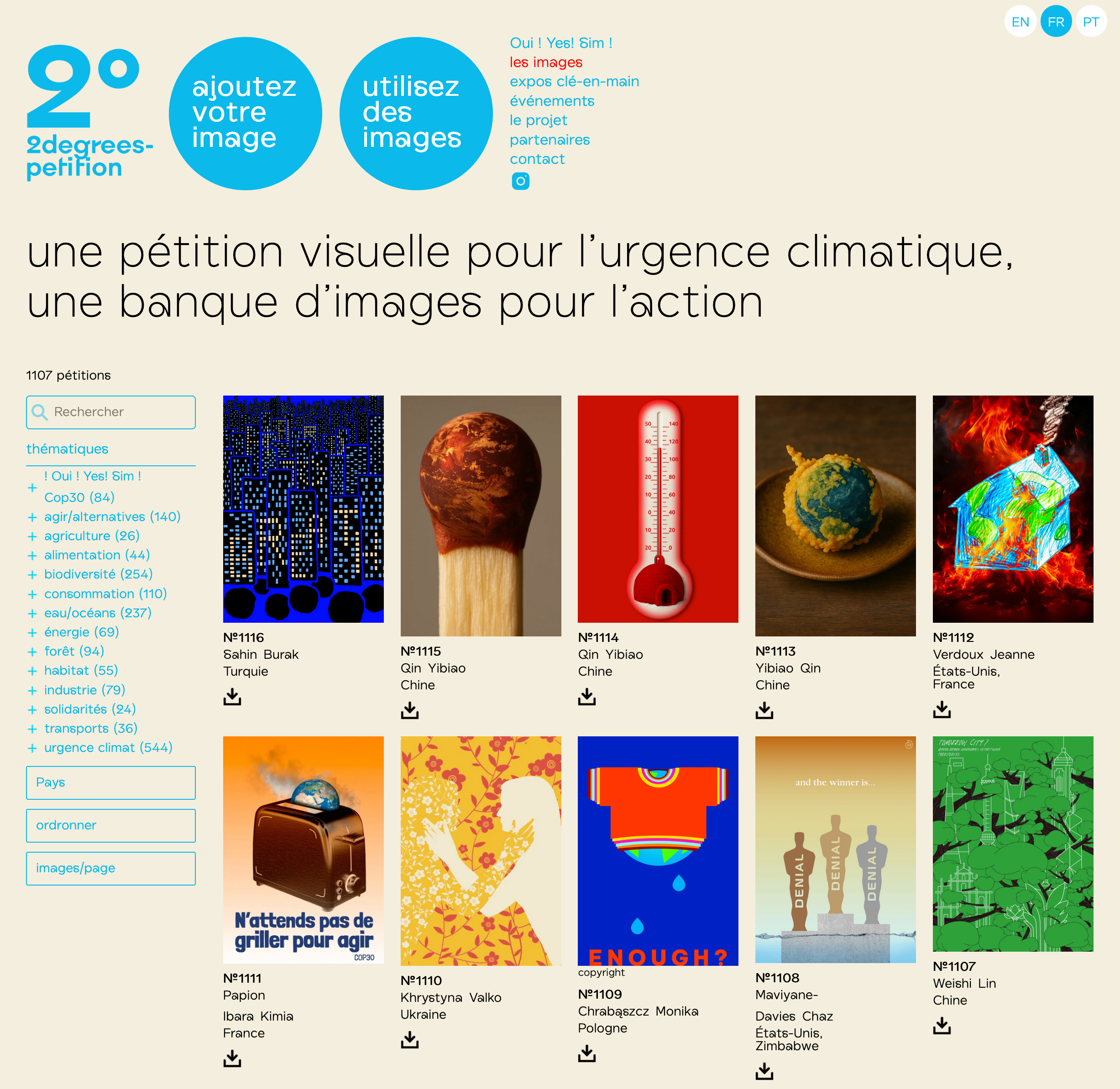 Un site web de la Fondation GCA présente des œuvres d'art sur l'action climatique, une barre de recherche et des options linguistiques en français et en portugais. Limbus Studio