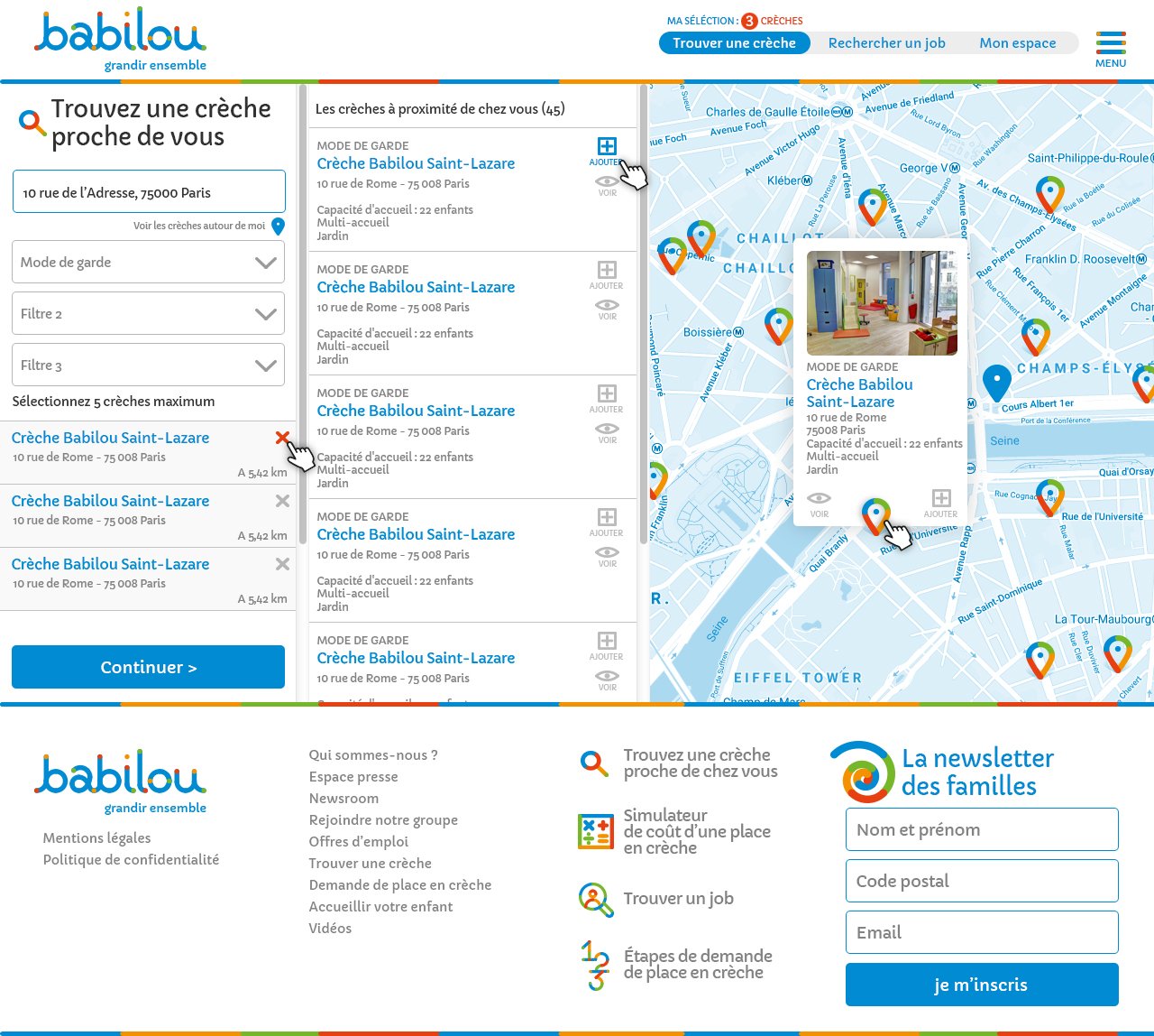 Découvrez une page Web magnifiquement conçue présentant une recherche de crèches à proximité, accompagnée d'une carte interactive et d'une liste de résultats. Naviguez en toute simplicité dans les formulaires et abonnez-vous à notre newsletter, élaborée avec l'expertise de notre agence leader. Limbus Studio