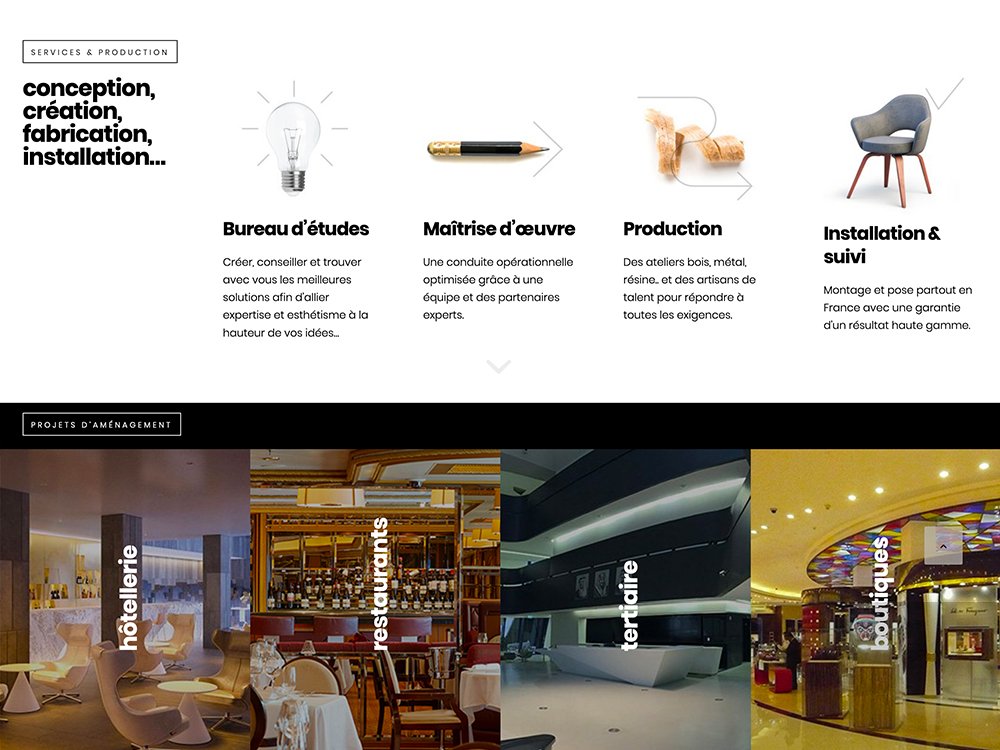 Infographie sur les services : Étude, Expertise, Production, Installation. Avec des images d'une ampoule, d'un crayon, d'une machine et d'outils, idéales pour toute agence axée sur la création et l'innovation WordPress. Limbus Studio