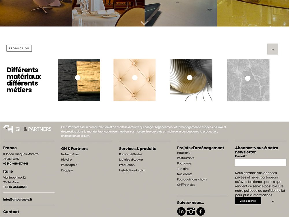 Page Web présentant des conceptions de studio avec des textures de bois, de métal, de tissu et de marbre ainsi que les coordonnées du cabinet d'architecture GH & Partners. Limbus Studio