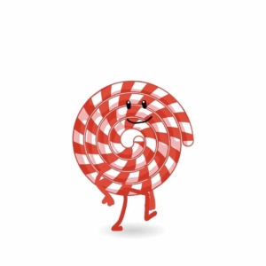 Un personnage souriant en forme de spirale rouge et blanche avec des bras et des jambes, prenant une pose ludique sur une jambe, semble prêt à danser dès la sortie du studio. Limbus Studio