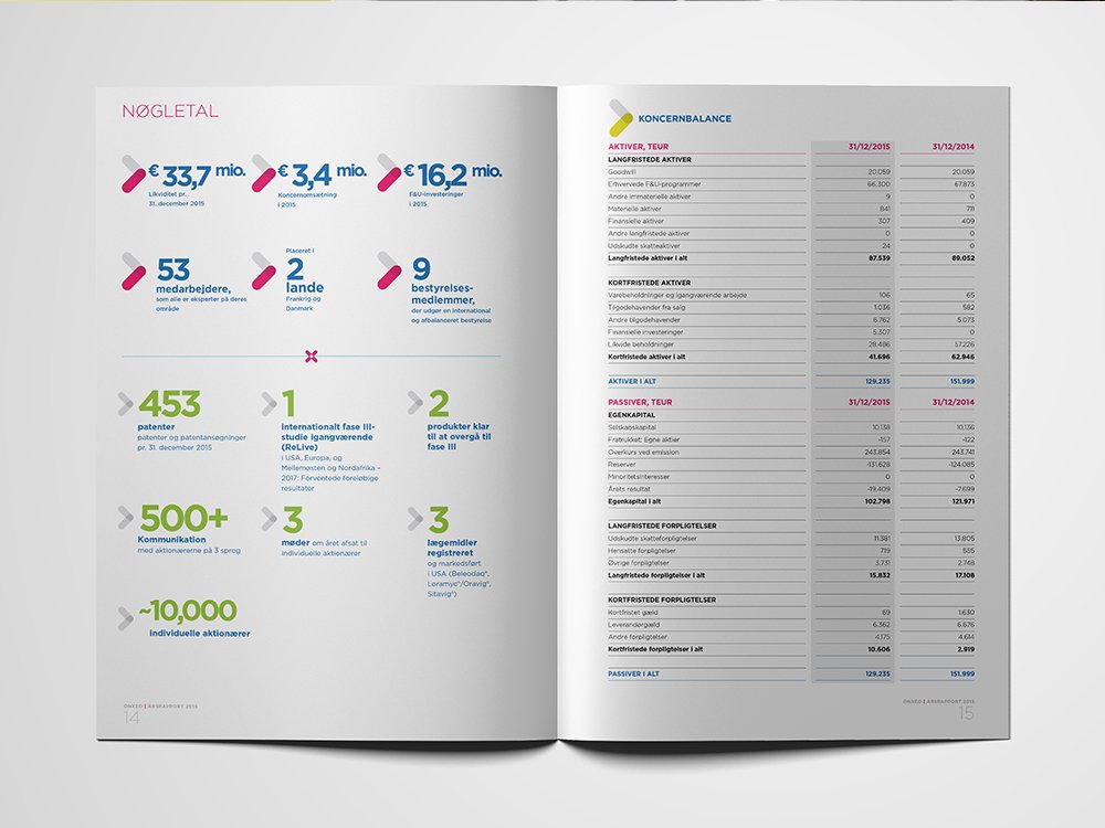 Livret ouvert avec infographies et tableaux financiers en danois, mêlant harmonieusement création d'icônes colorées et de données. Limbus Studio