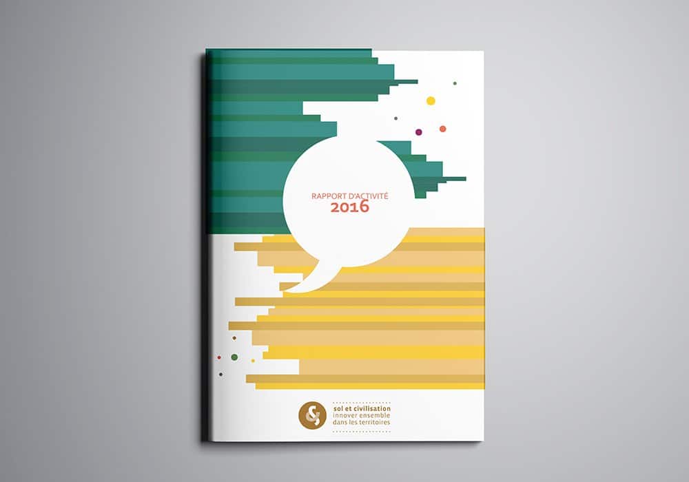 Couverture d'un rapport 2016 aux motifs géométriques verts et jaunes, rappelant le webdesign moderne, avec une bulle de dialogue blanche. Limbus Studio