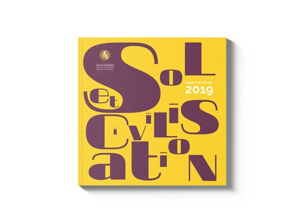 Couverture de livre jaune avec typographie abstraite violette, réalisée dans un style de design unique, et « 2019 » en blanc. Titre : « Civilisation perdue. Limbus Studio