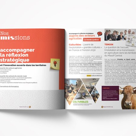 Magazine ouvert présentant des pages sur les missions stratégiques et l'agriculture, habilement créées avec du texte, des images et une photo de vache saisissante. Le design reflète l'attention portée par le studio aux détails et aux techniques de création innovantes.
 Limbus Studio