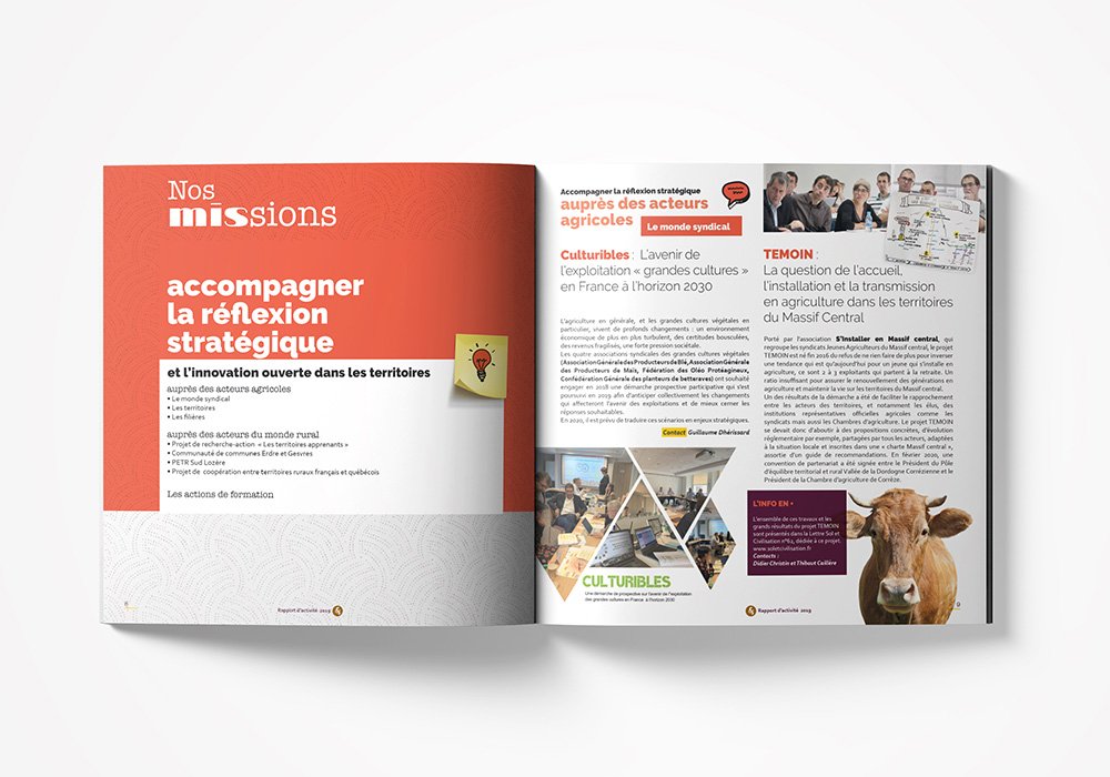 Magazine ouvert présentant des pages sur les missions stratégiques et l'agriculture, habilement créées avec du texte, des images et une photo de vache saisissante. Le design reflète l'attention portée par le studio aux détails et aux techniques de création innovantes.
 Limbus Studio