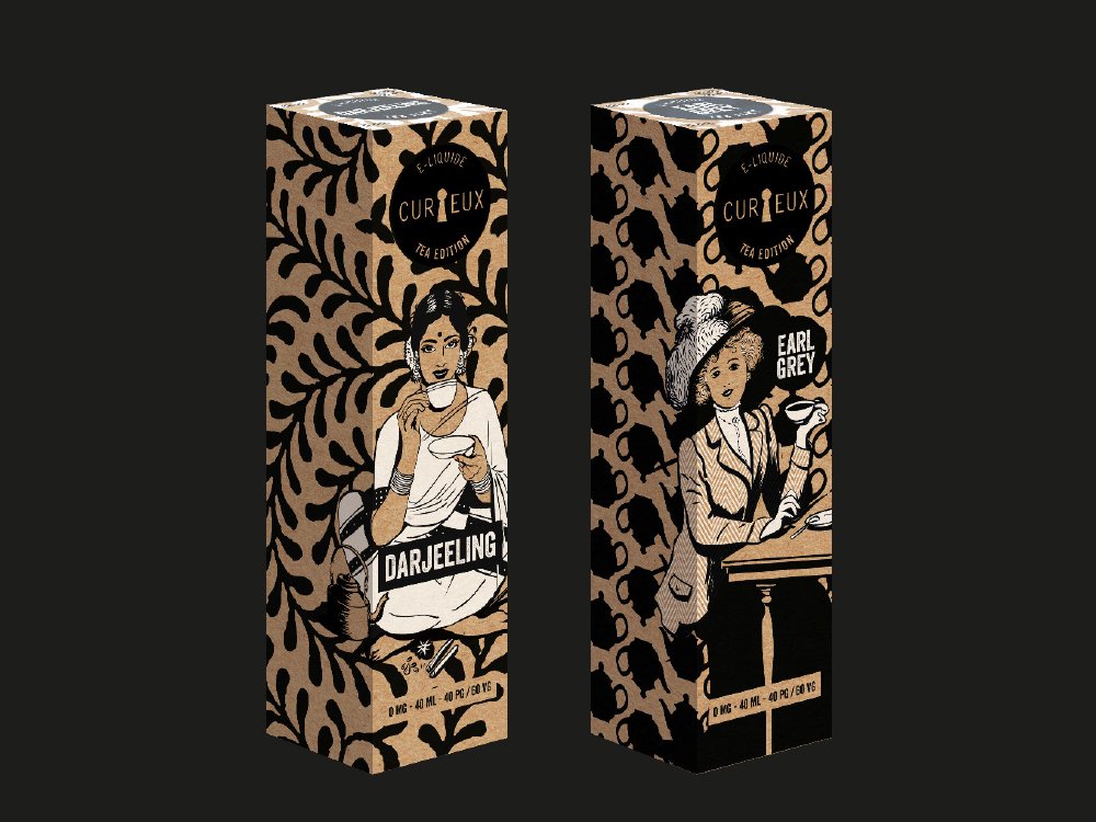 Les boîtes de thé illustrées de Darjeeling et d'Earl Grey présentent des illustrations de style vintage, présentant un graphisme exquis sur un fond sombre. Limbus Studio