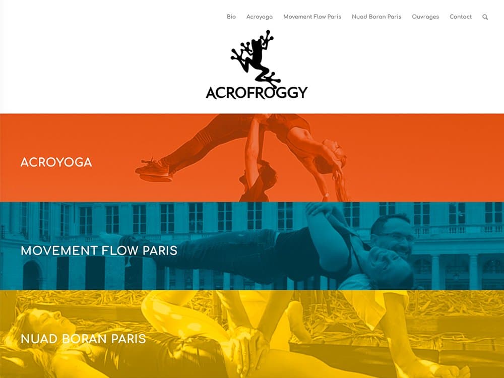 Page d'accueil du site présentant des poses dynamiques avec des sections pour Acroyoga, Movement Flow Paris et Nuad Boran Paris. Découvrez l'art du mouvement organisé par notre studio créatif. Limbus Studio