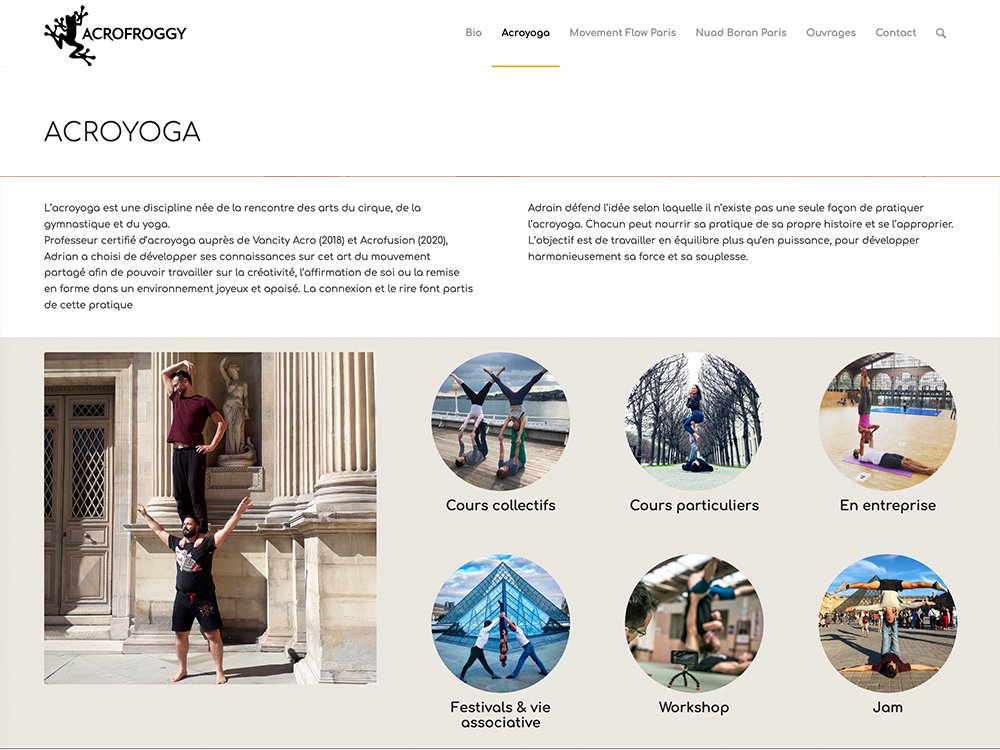 Site Web d'acroyoga présentant de superbes images de personnes pratiquant l'acroyoga dans divers contextes, avec des vignettes de photos circulaires. Le design capture l'essence du mouvement et de l'équilibre, ce qui le rend parfait pour un studio cherchant à inspirer et à engager son public. Limbus Studio