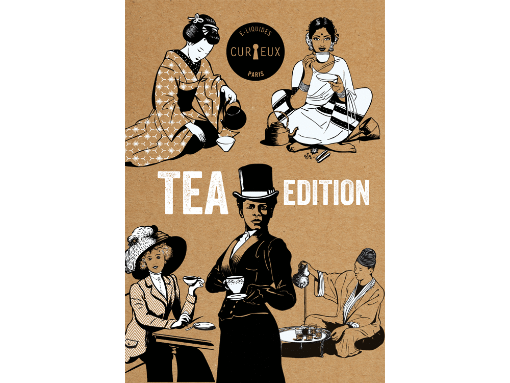 Des amateurs de thé illustrés de différentes époques et cultures se réunissent sur une affiche de style vintage intitulée « Tea Edition », présentant un design intemporel qui pourrait inspirer tout blog ou agence WordPress créatif cherchant à capturer l'essence des traditions mondiales du thé. Limbus Studio
