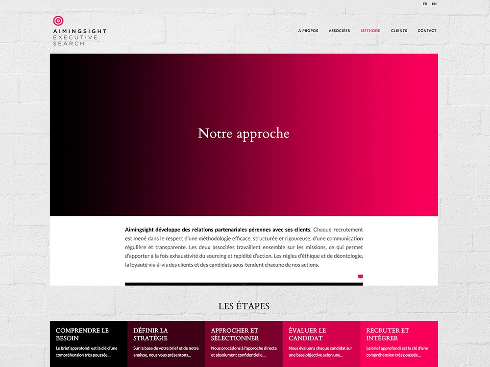 Une page Web professionnelle intitulée « Notre approche » avec des sections sur la stratégie, les étapes de recrutement et les éléments graphiques, conçue à l'aide de WordPress pour une création transparente. Limbus Studio
