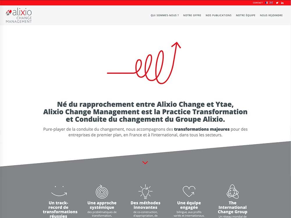 Capture d'écran du site Web d'Alixio Change Management présentant son expertise en conception et création avec du texte et des icônes sur les services de l'entreprise, construits de manière transparente sur WordPress. Limbus Studio