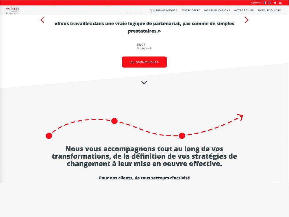 Une conception de site Web présentant un témoignage, un logo d'entreprise élégant et une flèche rouge dynamique guidant les visiteurs à travers la description du service commercial. Limbus Studio