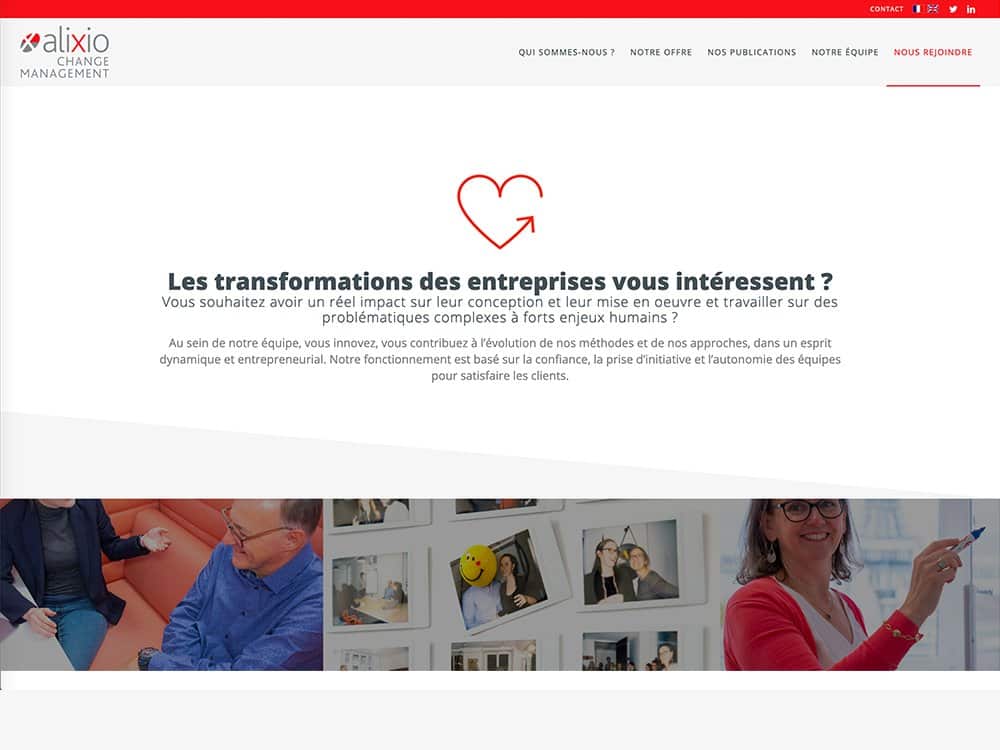 Capture d'écran d'un site web avec un logo d'entreprise, un texte captivant sur les transformations de l'entreprise et des photos engageantes de personnes en interaction. Découvrez comment notre agence propose des solutions de conception et de création innovantes pour valoriser votre marque. Limbus Studio