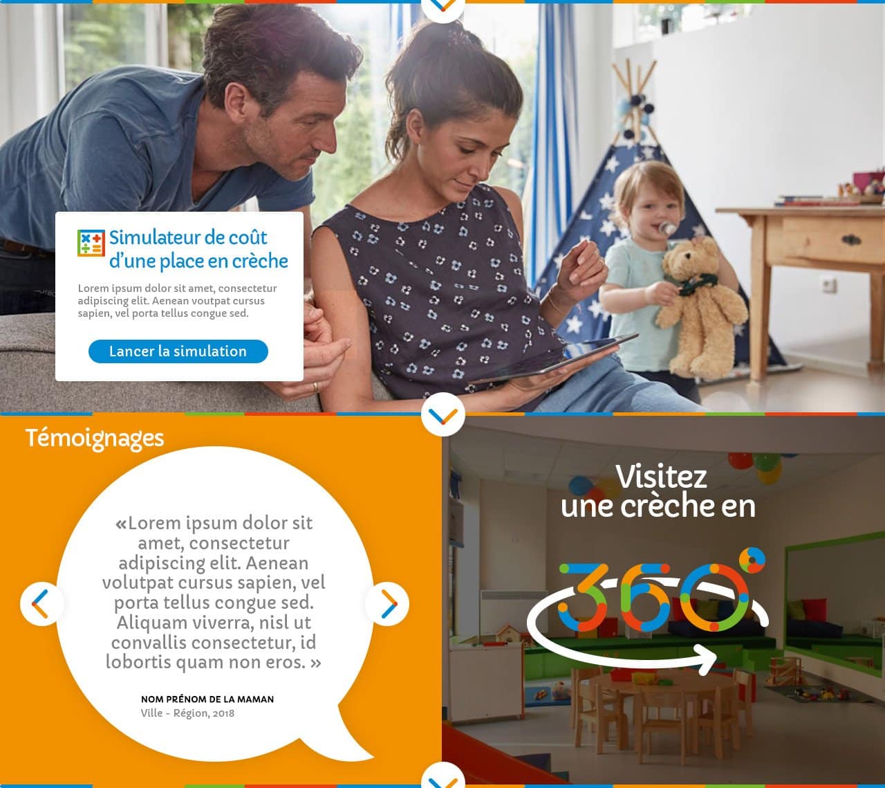 Une famille évalue une simulation de garderie; une aire de jeux colorée pour enfants avec des jouets conçus pour stimuler la créativité; un texte sur les coûts de la garderie et des témoignages détaillant l'approche unique du studio. Limbus Studio