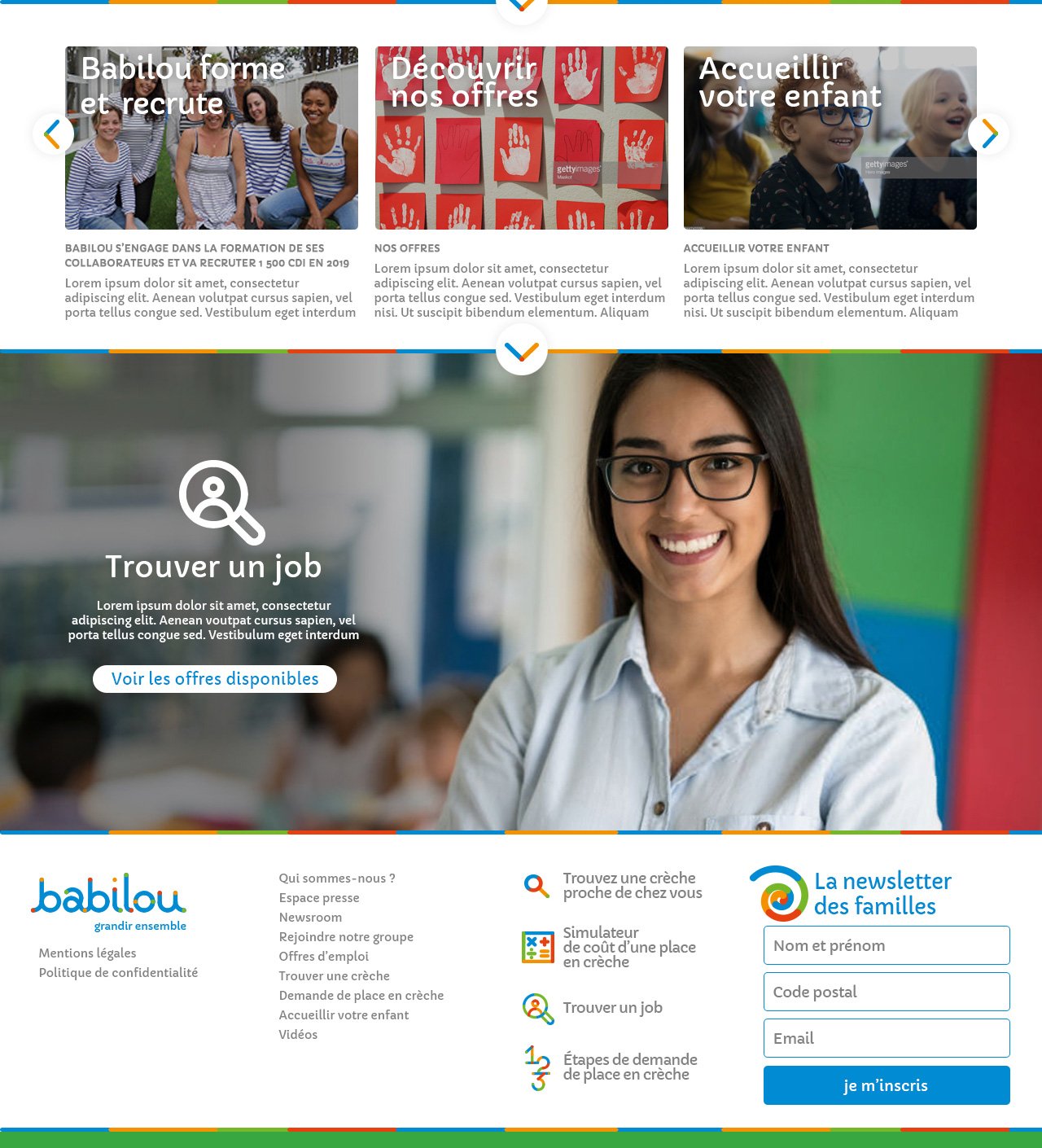 L'interface épurée du site présente une femme souriante au-dessus de la section de recherche d'emploi, avec le logo « babilou » fièrement affiché en bas, mettant en valeur un design exceptionnel. Limbus Studio