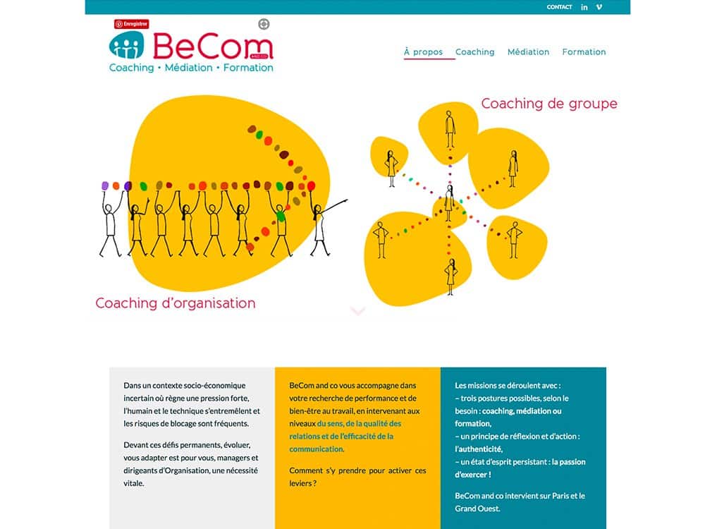 Un site Web WordPress présentant des illustrations de personnes participant à des activités de groupe, avec un texte perspicace sur les services de coaching, de médiation et de formation. Découvrez une conception Web conçue par des experts qui améliore l'expérience utilisateur tout en fournissant un contenu précieux de manière transparente. Limbus Studio