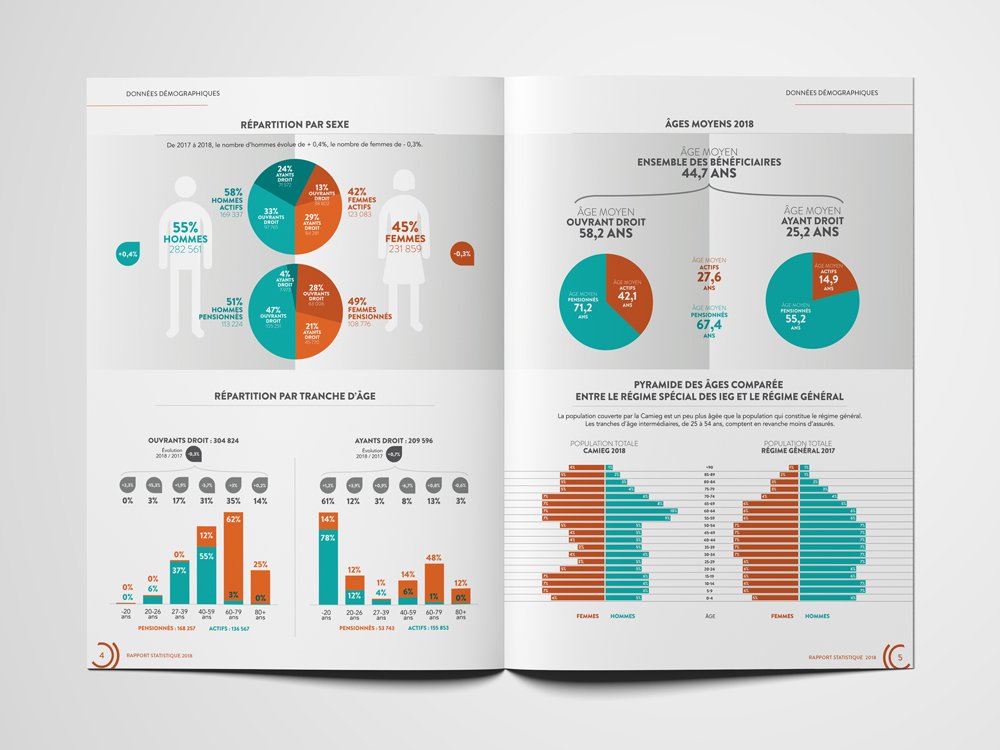 Infographie créée par notre studio, présentant des statistiques sur l'âge et le sexe avec des tableaux et des graphiques dans un format de rapport bilingue. Limbus Studio