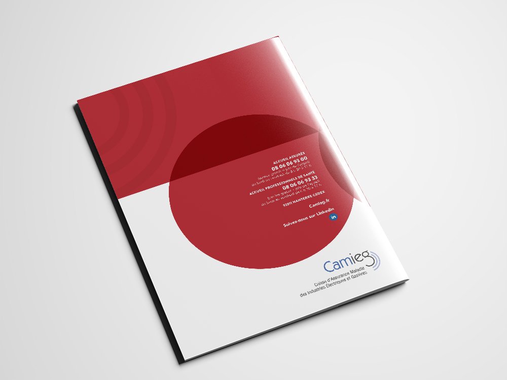 Une brochure rouge et blanche intitulée « Camies » avec des éléments de design circulaires, réalisée en studio, orne un fond gris clair. Limbus Studio