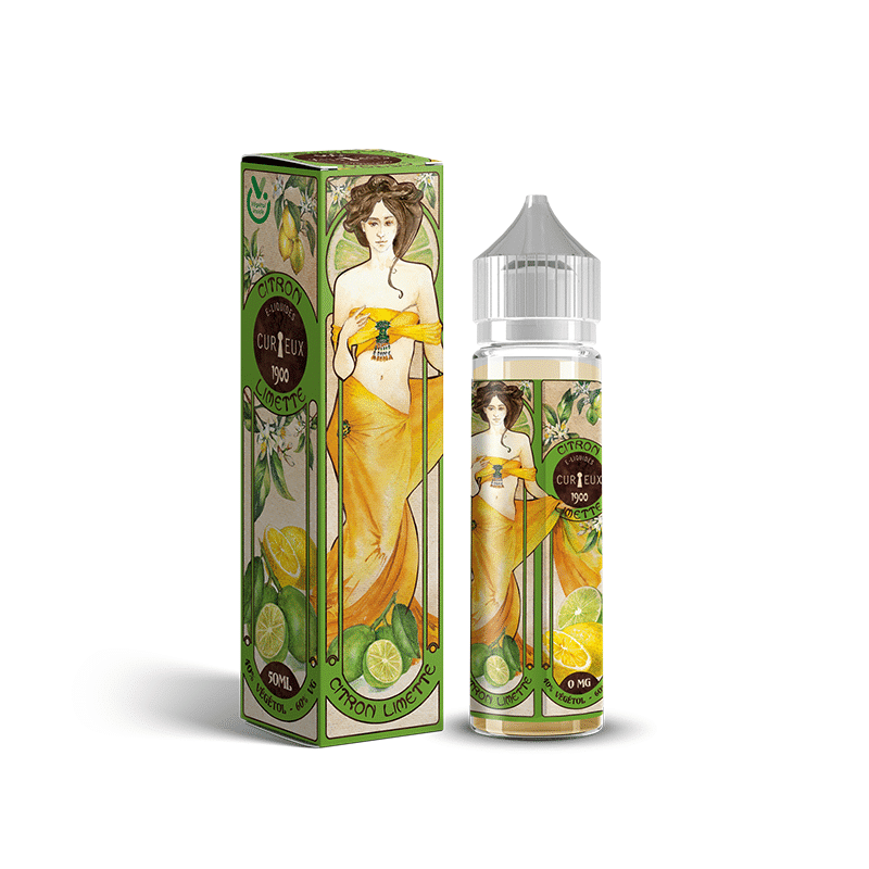Un flacon et un coffret d'e-liquide mettant en valeur un design chic avec une femme et des agrumes, incarnant l'essence de la création artistique. Limbus Studio