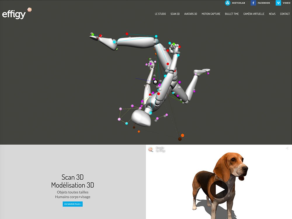 L'interface du logiciel de modélisation 3D révèle une figure squelettique et un modèle de chien avec un bouton de lecture, semblable à un studio de création numérique. Limbus Studio