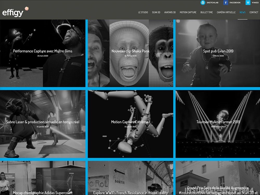 Une grille d'images présentant des performances, des captures de mouvements et divers projets artistiques avec un thème sombre, mettant en valeur la créativité et les prouesses de conception de l'agence. Limbus Studio