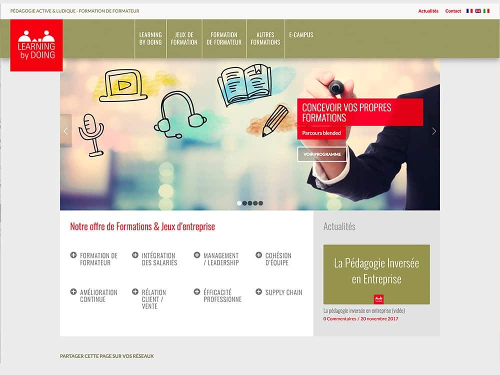 La page d'accueil du site présente de manière créative différents cours et services de formation, avec des icônes colorées et une bannière rouge bien visible qui attire l'attention. Parfait pour ceux qui s'intéressent au graphisme, il présente une interface dynamique et attrayante, semblable à celle d'une agence de premier ordre. Limbus Studio