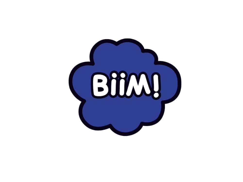 Une forme de nuage bleu avec le mot « Biim ! » en blanc, de style dessin animé sur fond blanc, incarne un design ludique rappelant les thèmes WordPress créatifs. Limbus Studio