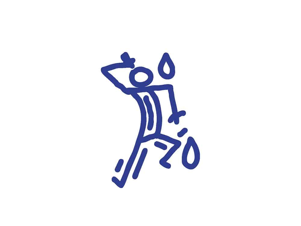 Un simple dessin au trait bleu représente une personne qui transpire en courant, rappelant les croquis de studio qui capturent le mouvement et l'énergie. Limbus Studio