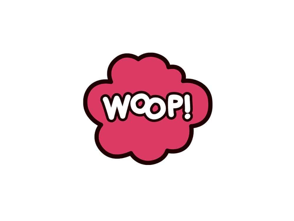 Forme de nuage rouge avec le mot « WOOP! » en lettres blanches et grasses bordées de noir en son centre, rappelant une création vibrante d'une agence de pointe. Limbus Studio