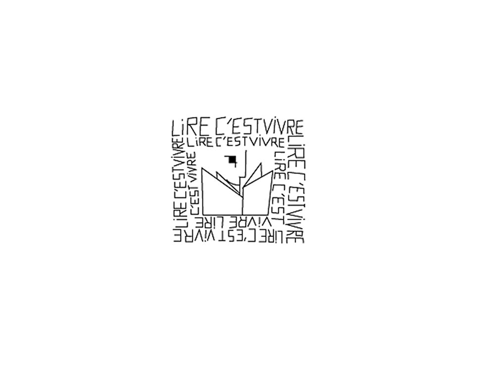 Création minimaliste avec le texte "Lire C'est Vivre" entourant une illustration de livre ouvert au centre. Limbus Studio