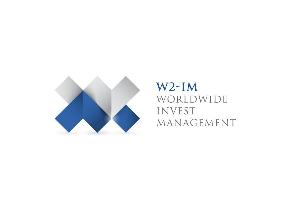 Logo aux formes géométriques bleues et grises, le texte indique « W2-IM Worldwide Invest Management », présentant un design élégant qui reflète un graphisme expert dans sa création. Limbus Studio